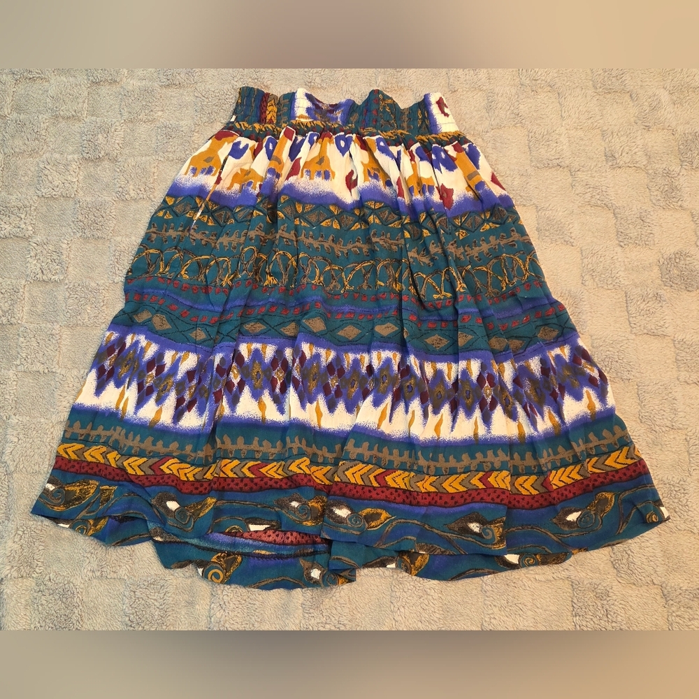 Vibrant Bohemian Print Maxi Skirt with Elastic Waistband-Teal, Blue,Gold Size XS